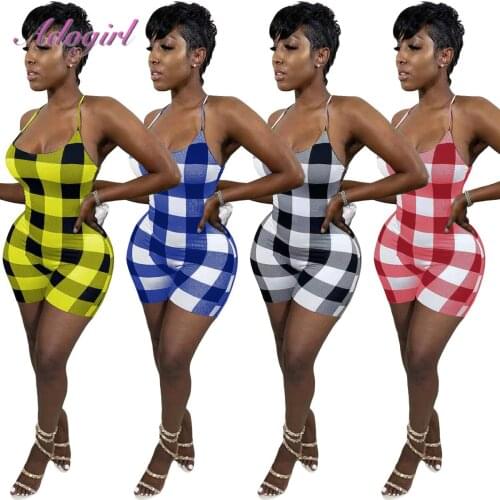 Causal Plaid Print Spaghetti Strapless V Neck Party Club Jumpsuit Women Summer Backless Outfit Sporty Playsuit Outfit Rompers