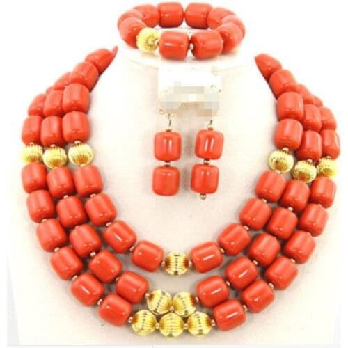 Nigerian Wedding Coral Beads Wedding Necklace Women Costume Bridal Jewelry Sets 18"