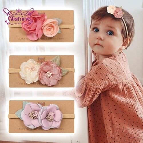 Nishine Cute Artificial Flower Elastic Hairband Baby Fashion Handmade Floral Traceless Nylon Headband Kids Headwear Photo Props