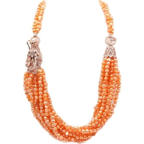 GG Jewelry Natural Orange Baroque Keshi Pearl Necklace Cz Pave Dragon Rose Gold Color Plated Connector Handmade For Women