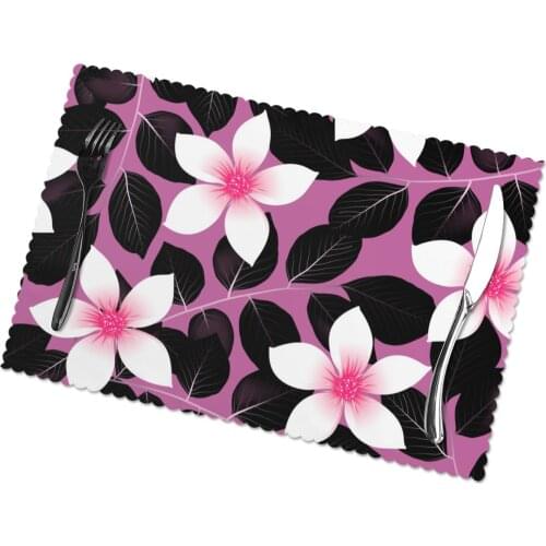 Tableware Pad Placemats 6 Pcs Table Mat Non-Slip Tropical Pink Hibiscus Flowers With Black Leaves Placemats for Dining Table