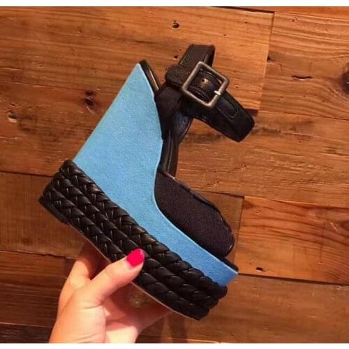 New Plait Braided Super High Wedge Heel Platform Sandals Peep Toe Buckle Strap Patchwork Shoes Gladiator Vacation Sandalia