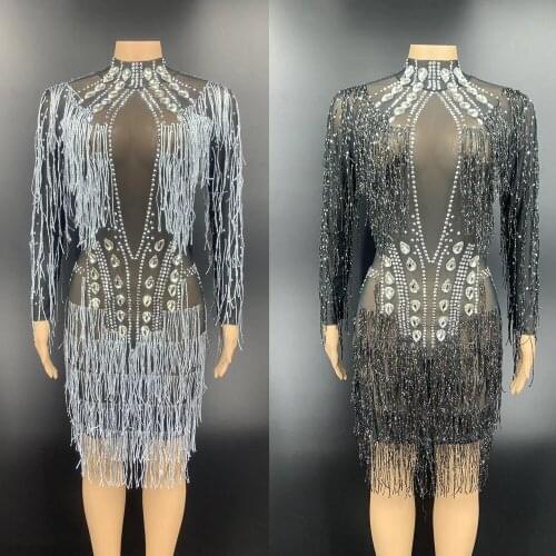 Sexy Perspective Rhinestone Tassel Prom Short Dress Women Crystal Fringe Birthday Celebration Party Dress Latin Dance Stage Wear