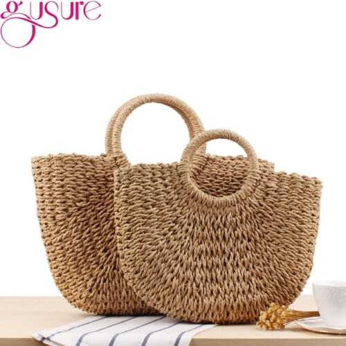 Gusure Straw Handbag for Women Hand-Woven Half Moon Summer Beach Rattan Travel Totes Female Casual Large Capacity Shopping Purse