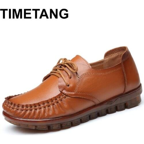TIMETANG 2020fashion solid spring genuine leather shoes women lace-up pleated soft comfortable black ladies leather shoes woman