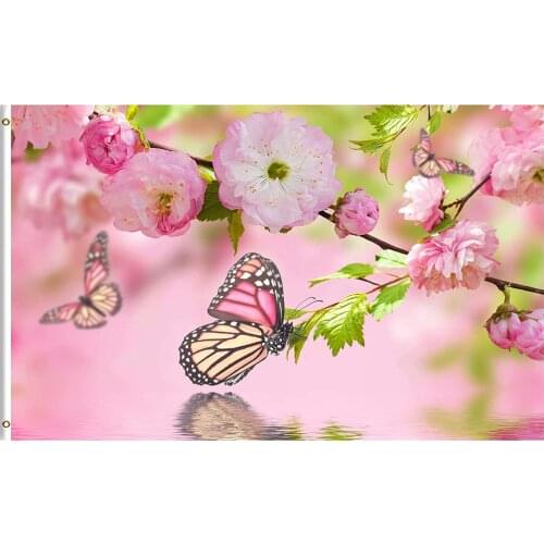 Spring Summer Butterflies Pink Flowers Lake Water Floral Cherry Seasonal Flag Flag for Outdoor Indoor Home Decor