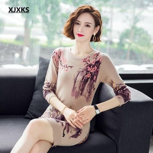 XJXKS 2021 spring autumn new women knitted long sweater pullover high quality comfortable women wool dress