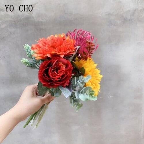 YO CHO Special Design Sunflowers Wedding Bouquet Mixed Style Artificial Peony Flowers Bridal Bouquet Home DIY Decoration Flowers