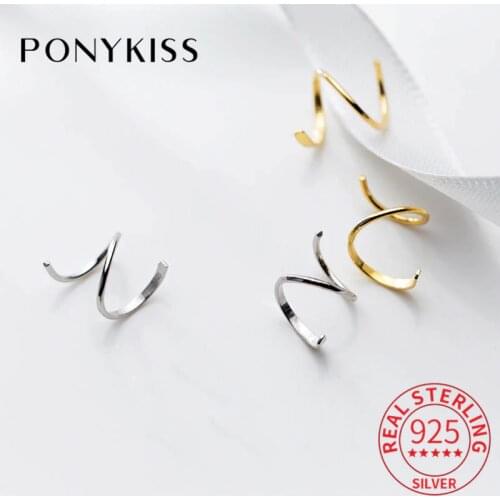 PONYKISS 100% 925 Sterling Silver Chic Wave Spiral Geometric Hoop Earrings Women Party Simple Fashion Accessory Delicate Gift