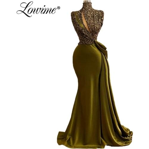 Velvet Green Mermaid Evening Dress Sequins Beaded Formal Dresses High Neck Middle East Women Prom Party Dress Vestidos De Fiesta