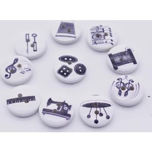 2015 New 100pcs 15mm Retro Series Patterns Wood Round Buttons Random Mixed 2 Holes Cartoon Wood Sewing Buttons For Scrapbooking