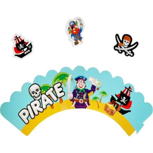 12PCS/lot Pirate Theme Happy Birthday Party Baby Shower Cupcake Toppers Cake Wrappers Decoration Boys Favors Supplies