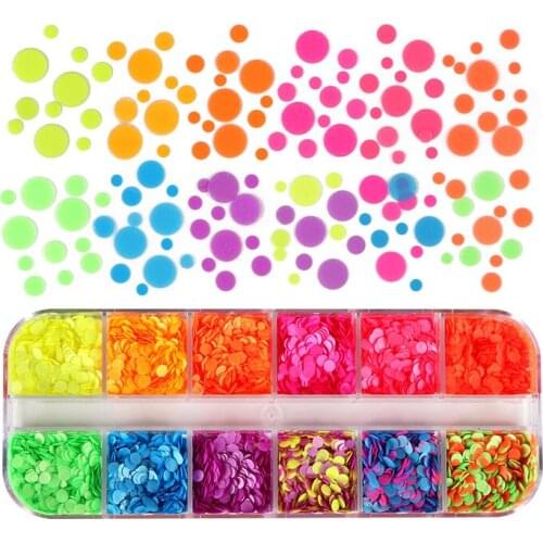 12 Grids Circle Sequins Mixed Size Neon Round Fluorescent Nail Art Glitter Flakes 3D DIY Colorful Slice for Nail Art Decorations