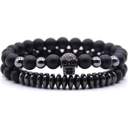 2PCS/set 8mm matte beads bracelets CZ Skull head charm Bracelet men Jewelry Pulseira Masculina Feminina Bileklik Mujer