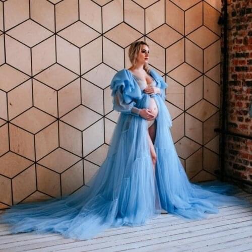 2021 Blue Tulle Maternity Dresses V Neck Draped Long Sleeves Front Split Extra Puffy Pregnancy Dressing Gowns For Baby Shower