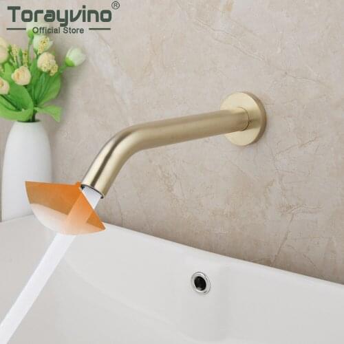 Torayvino Golden Nickel Automatic Touch Free Sensor Bathroom Faucet Basin Sink Faucet Wall Mounted Washbasin Only Cold Water Tap