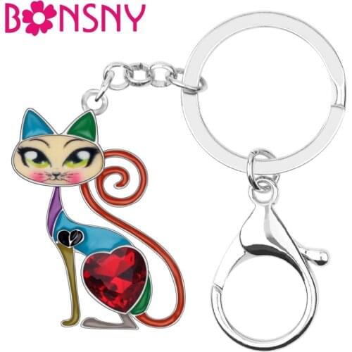 Bonsny Enamel Alloy Rhinestone Elegant Cat Key Chains Keychain Holder Cute Animal Jewelry For Women Girls Bag Wallet Charms Gift