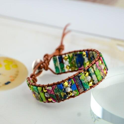 Chakra Bracelet Jewelry Handmade Multi Color Natural Stone Tube Beads Leather Wrap Bracelet Couples Bracelets Gifts
