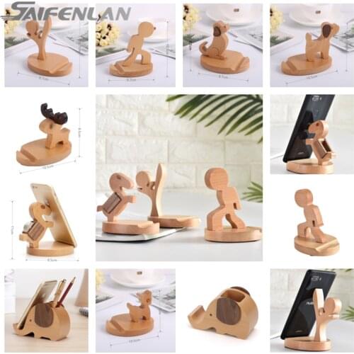 Wood Phone Storage Holder Hand-Made Cute Mini Horse Dog Elephant Kung Fu Boy Phone Stand Wooden Desktop Ornament for Home Office