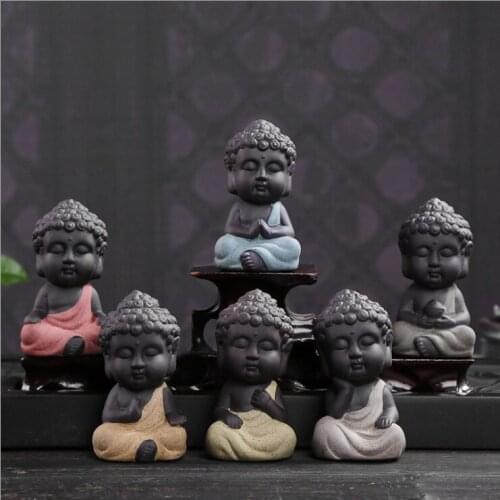 Home Decor Small Buddha Statue Monk Purple Clay Ceramic Figurine Arts Crafts Ornament Pure Handmade W9227