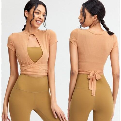 GUTASHYE 2021 Summer Short Sleeve Sports Crop Top Women Breathable Yoga T-Shirt With Padded Open Back Fitness Gym Running Shirts