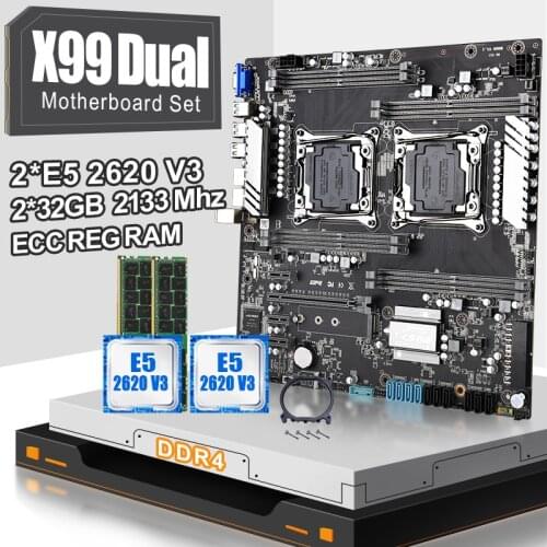 JINGSHA X99 Dual CPU Motherboard Set LGA 2011-3 With E5 2620V3 Processor And DDR4 2*32GB ECC REG RAM 2133 MHz Support E5V4 Serie
