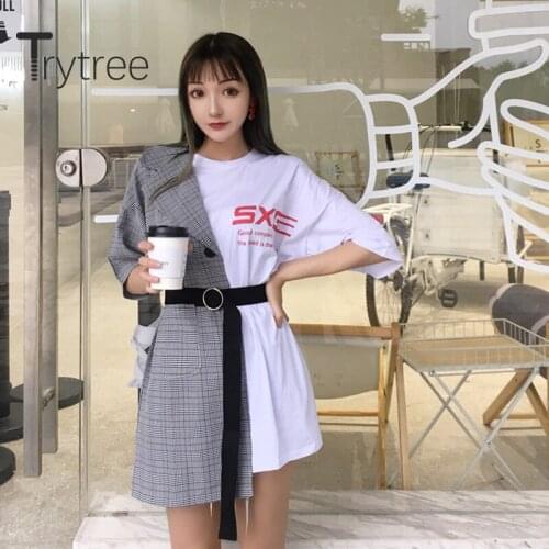 Trytree Summer Casual Women T-shirt Dress Patchwork Plaid Letter Belt Fake two pieces Fashion Loose Irregular Mini T-shirt Dress