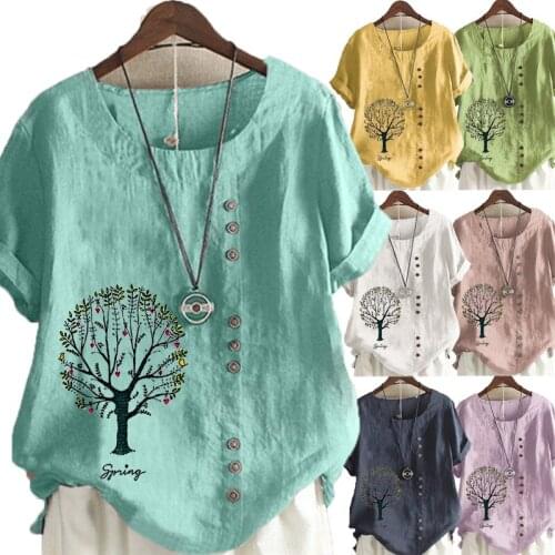 Summer Casual Flowers Print Loose T-shirts Vintage Cotton and Linen O-Neck Plus Size Short Sleeve Blouse Tops For Women S-5XL