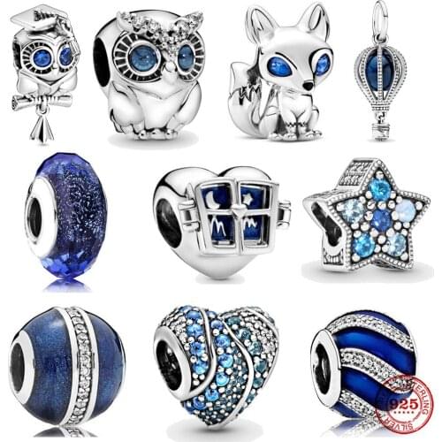 Hot Original Silver Shiny Star Blue Fox Owl Bead Fit Pandora Charms Silver 925 Beads Bracelet For Women Diy Fashion Jewelry