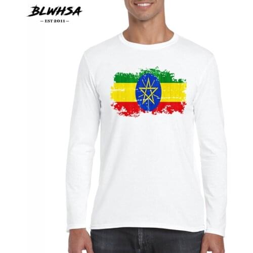 BLWHSA Cotton Ethiopia Flag Printed Long Sleeve Men T Shirt Fashion Confortable Mens Tshirt Casual White Autumn T-shirt for Men