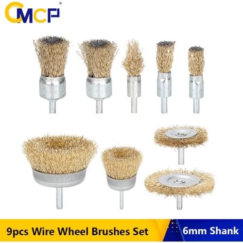 CMCP 9pcs 6mm Shank Wire Wheel Brush Set Bowl/Flat Steel Wire Wheel For Electric Drill Grinding Mill Polish Wheel Derusting Tool