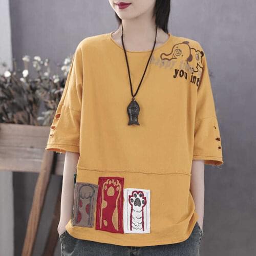 Pure Cotton T-shirt Tops Plus Size Retro Literature Summer Short Sleeve New Womens 5-sleeve Patchwork Top Y2k Anime Harajuku Hot