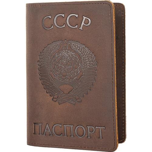 Russian Federation and CCCP Genuine Leather Passport Cover Retro Business Card Holder Men Credit Card ID Holders