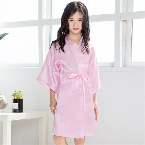 BALDAUREN Wholesale Girls Solid Silk Satin Kimono Robes Kids Children Bathrobe Sleepwear Bath Nightgown for Spa Birthday Party