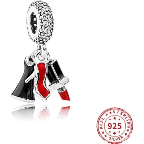 Real 925 Sterling Silver Beads Lipstick High Heels Dress Glaze Pendant for Women Fit Pan Bracelets Bangles Women Diy Jewelry