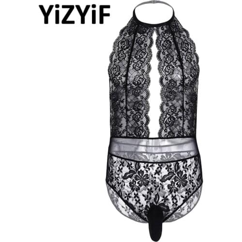 Sexy Mens Floral Lace Lingerie One Piece Swimsuit Sissy Penis Pouch Crossdress Halter Neck Backless Bodysuit Male Nightwear