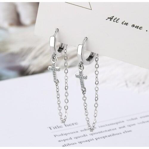 925 Sterling Silver Tassel Cross Piercing Drop Earring For Women Girls Wedding Party Jewelry eh808