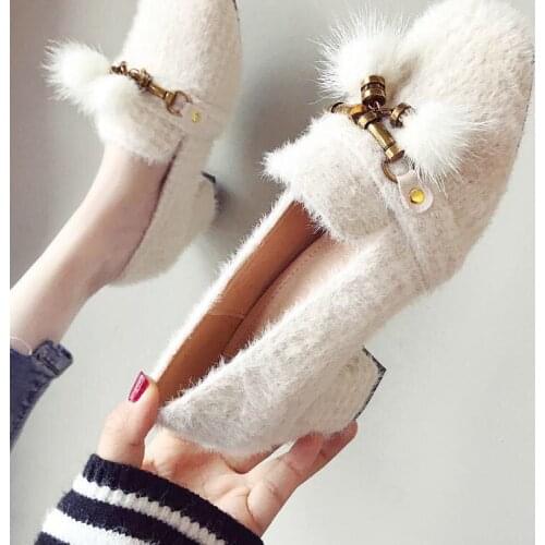 Single-shoe womens 2020 autumn model thick-heeled evening flow Su Bai with mink wool shoes high-heeled one foot bean shoes