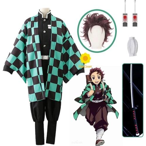 Kamado Tanjirou Uniform Anime Demon Slayer Cosplay Costume Wig Kimetsu no Yaiba Cloak Earrings Sword Halloween Party Clothing