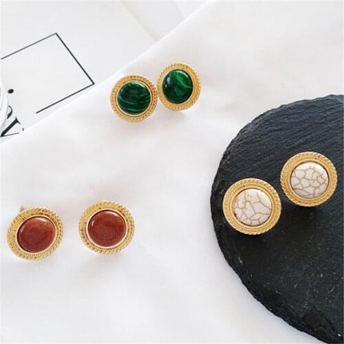 Marble grain stone inlaid metal circular earrings contracted vintage gem earrings earrings