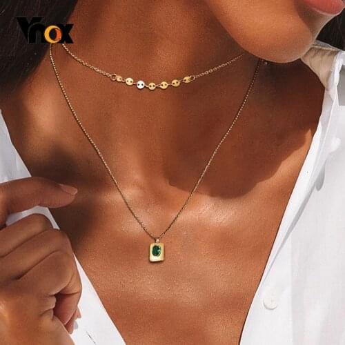 Vnox Delicate Mini Coin Charm Choker Necklaces for Women,Retro Green Stone Collar Jewelry, Gold Tone Metal Party Gift for Her