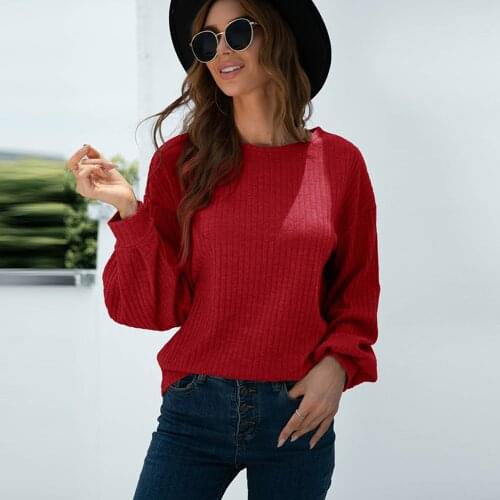 Casual O Neck Lantern Long Sleeve Knit Pullover T-shirt Women Retro Solid Loose Autumn Basic Bottom Mutlicolor Ladies Tee Shirts