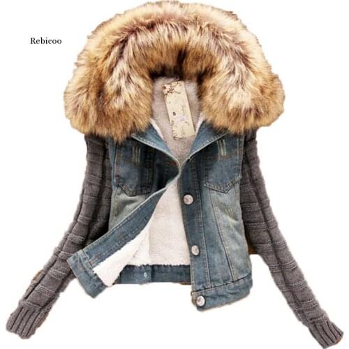 Winter Thick Slim Women Windbreaker Denim Jacket Fur Collar Plus Size Long Sleeve Short Jean Coats