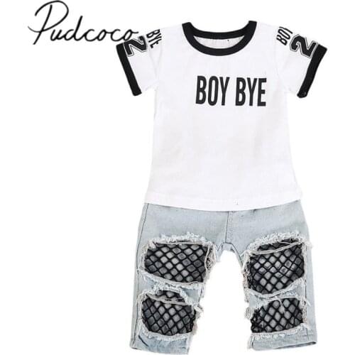 2017 Brand New Toddler Infant Child Kids Baby Girls Tops Short Sleeve Tee Shirt Mesh Hole Pants Denim Jeans 2Pcs Ball Clothes