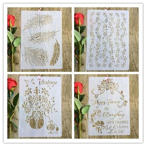 4pcs/set Feather flower guitar A4 DIY stencil wall painting scrapbook coloring photo album decorative paper card template