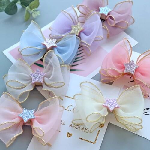 7pieces/set Fashion Chiffon Hair Bows with Clips Glitter Brim Star Girls Hairpins Princess Party Hair Accessories Headwear