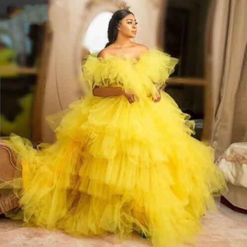 Elgant Yellow Tiered Tulle Evening Party Dresses Trendy 2020 Off The Shoulder Puffy Ball Gowns New Chic Ruffle Long Prom Gowns