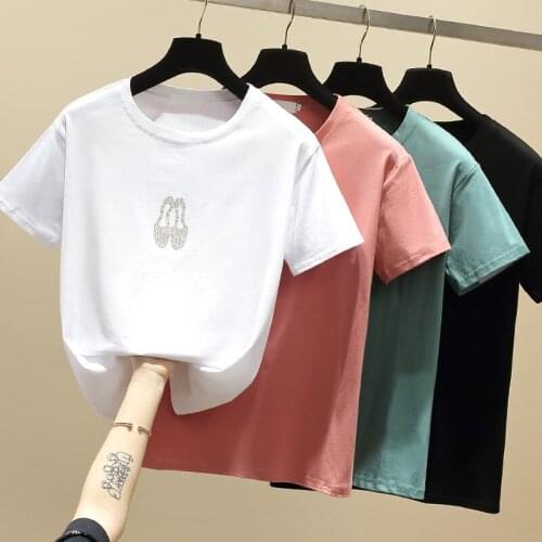 Gkfnmt White Tees T shirt Women Tops Summer Plus Size Korean Clothes Woman Tshirt Short Sleeve Diamond Sweet Tee Shirt Femme