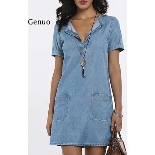 Elegant Jeans Denim Women Dress Summer Sexy V Neck Short Sleeve Party Dress Casual Solid Pocket A-Line Mini Dresses Vestido