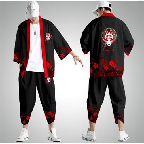 Two-piece Suit Plus Size S-4XL Loose Japanese Cardigan Women Men Cosplay Yukata Clothing Harajuku Samurai Kimono + Pants Sets